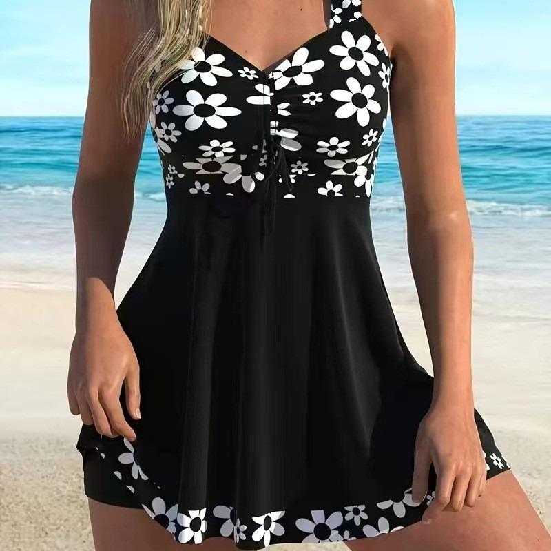 Tropical Leaf Print Tie Waist Swimdress - Modest Two Piece Swimsuit with Shorts