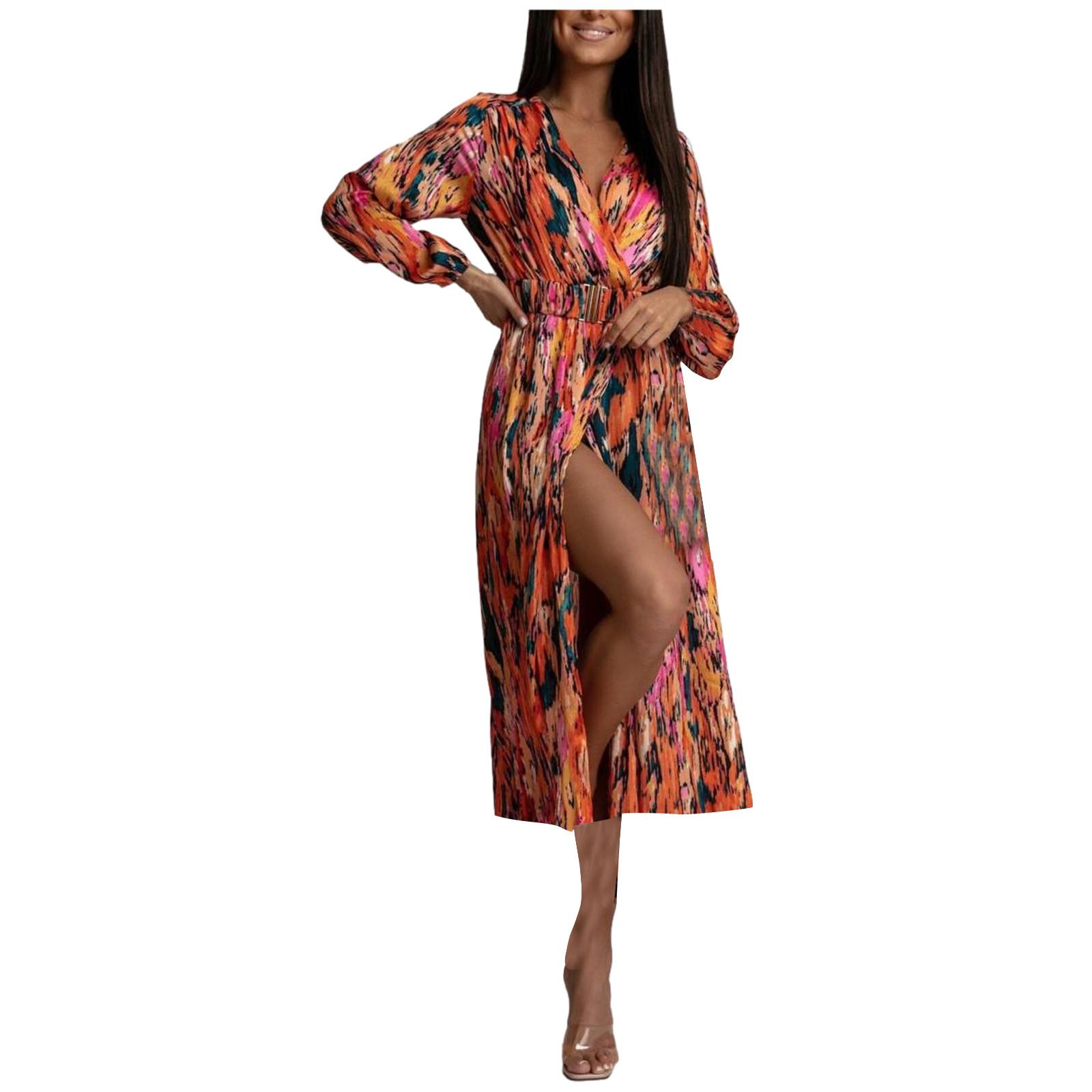 

Летнее женское свободное платье с v-образным вырезом, длинное платье миди с длинными рукавами, высокой талией и принтом, с независимым эластичным поясом XL оранжевый