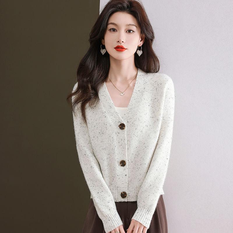 Women's V Neck Knit Cardigan Autumn Winter New Fashion Loose Minimalist Versatile Short Sweater Coat