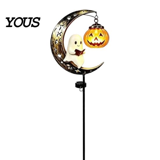 Festive Garden Stake Lights Solar Snowman/Ghost Moon Light, Waterproof Metal Sculpture, Decorative Iron Ground Insert Powered Lamp for Outdoor Pathway