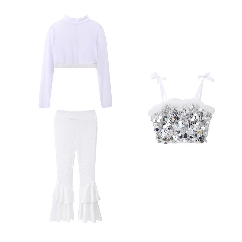 Korean Style Girls' Jazz Dance Costume Set: Cropped Vest Top & Sweatpants for Performances