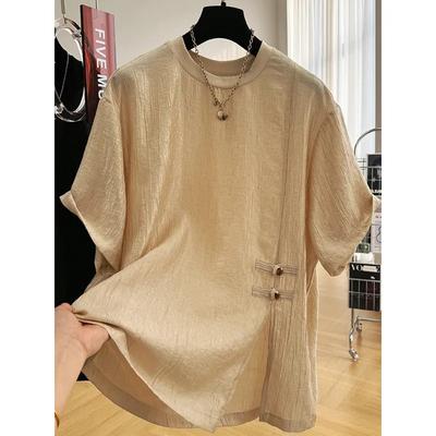 New Chinese Style Short-sleeved T-shirt for Women Loose Buckle Slit Textured Pleated Top