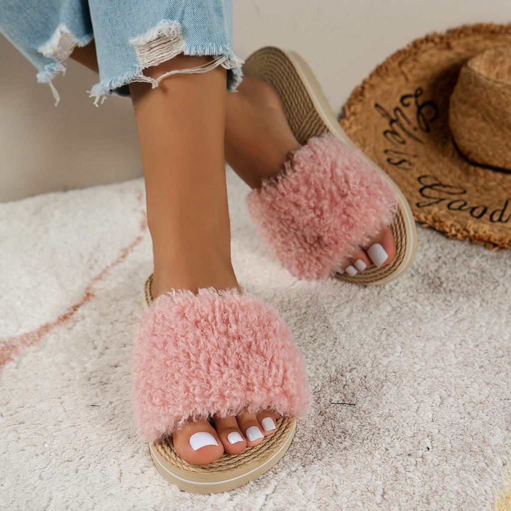 New winter plush cute outer wear women's fluffy slippers indoor open-toed flat-bottomed home slippers