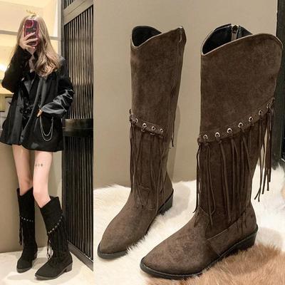 Fashion Bohemia Knee-length Women Boots New Pointed Tassels Faux Suede Boots Ladies Chunky Heel Long Botas Mujer 2024