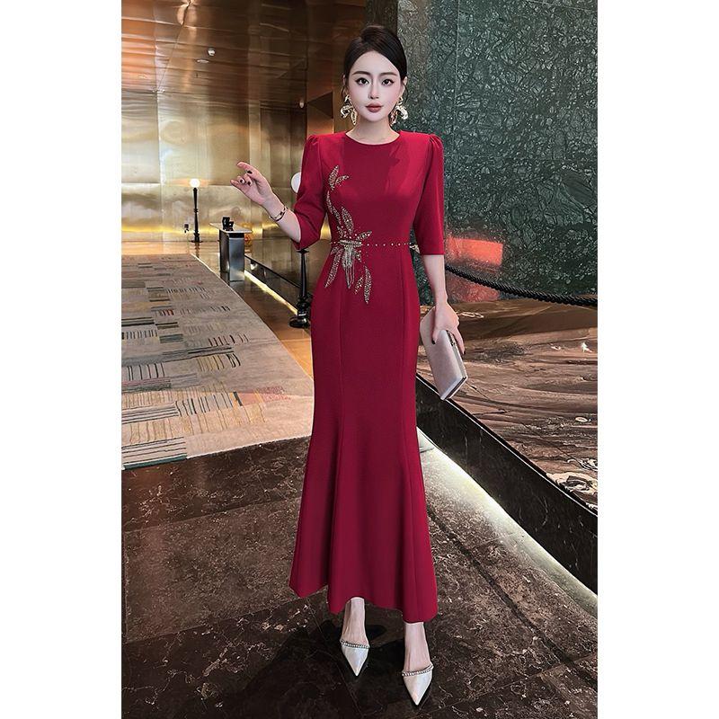 

Осень 2024 Новое поступление Французское платье-годе с бисером Тяжелая промышленность Длинное платье Свадебное платье для званого ужина Женщины Red XL