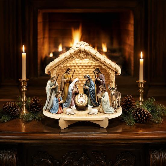 Stabile Futterkrippe Kunst Krippenszene Holz Tischdekoration, Weihnachten Heilige Familie Figur Dekoration, Dekorative Ornamente für Eingang Religiöse Weihnachten