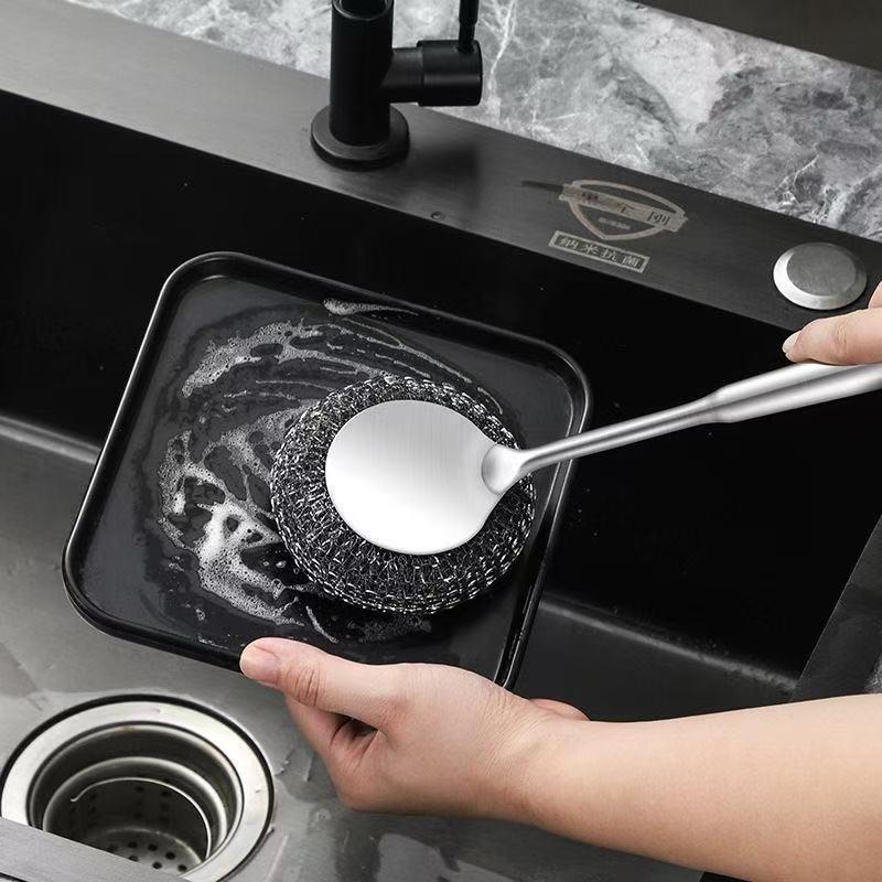 Stainless Steel Pot Cleaning Brush with Long Handle and Large Steel Wool Ball