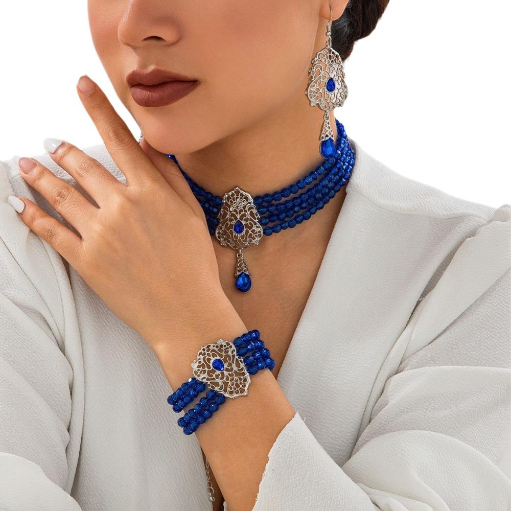 Multilayer Pearl Beaded Bracelet Shiny Necklace Earring Set Temperament Bridal Jewelry Set  Lady