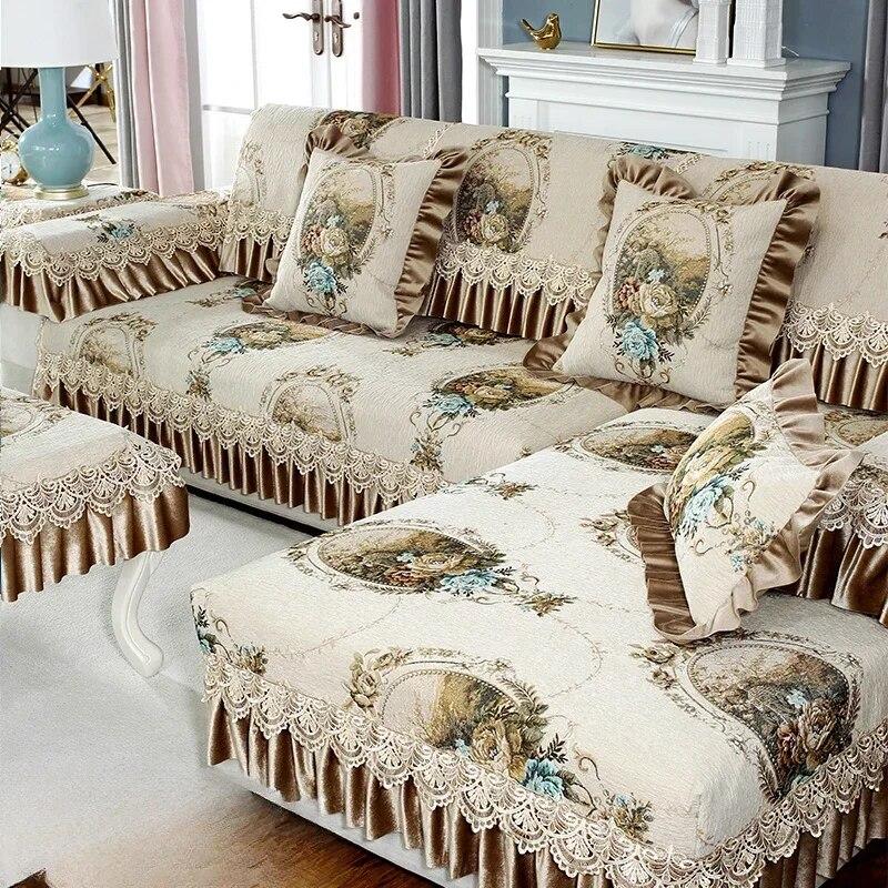 Luxury Chenille Sofa Mat European Style Large Flower Fabric Anti Slip Seat Cushion Winter Solid Wood Full Coverage Sofa Cover