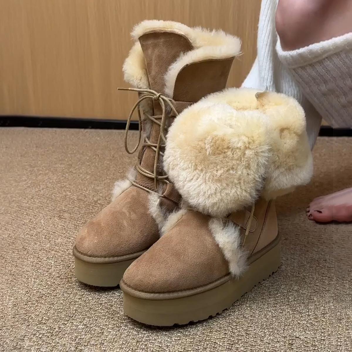 

Толстые мохнатые теплые зимние ботинки женские средние на шнуровке с толстой подошвой нескользящая верхняя одежда мохнатые хлопковые ботинки 40