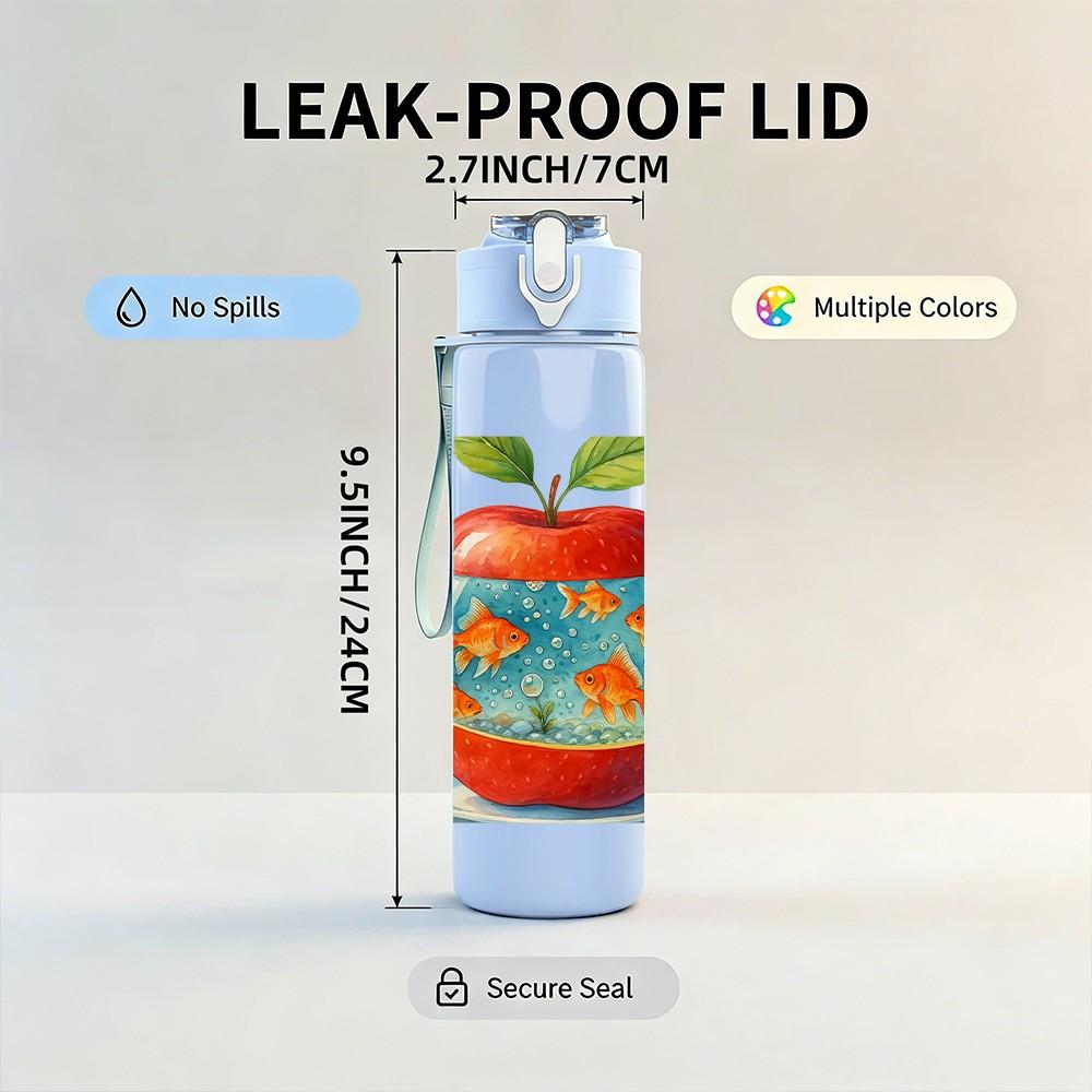 1PC Earth Pattern Apple Fruit Print 750ml Color Plastic Sports Water Bottle Leakproof Flip Straw Lid Suitable for Sports Office Home Use