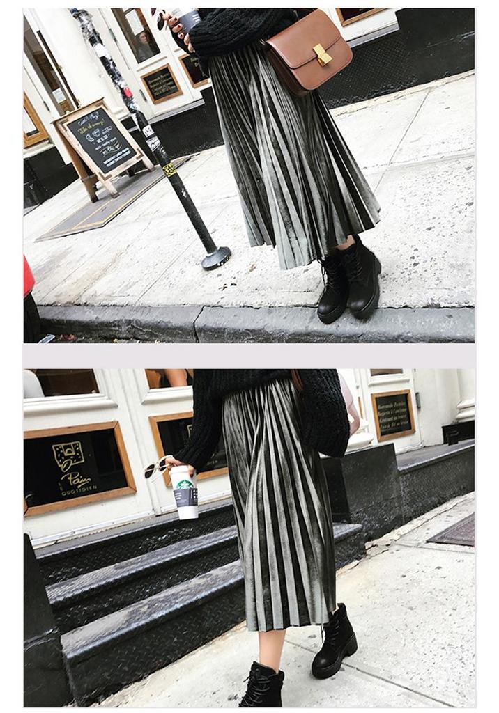 Elegant Pleated Mid-Length Skirt: Spring/Autumn, Solid Color, Elastic Waist, Loose Fit, Plus Size.