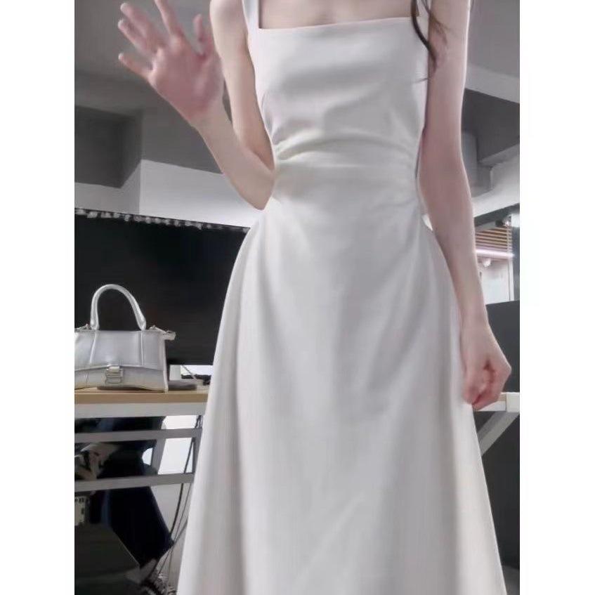 High-End White Spaghetti Strap Dress: Women's Autumn/Summer Light Luxury Long Little White Dress
