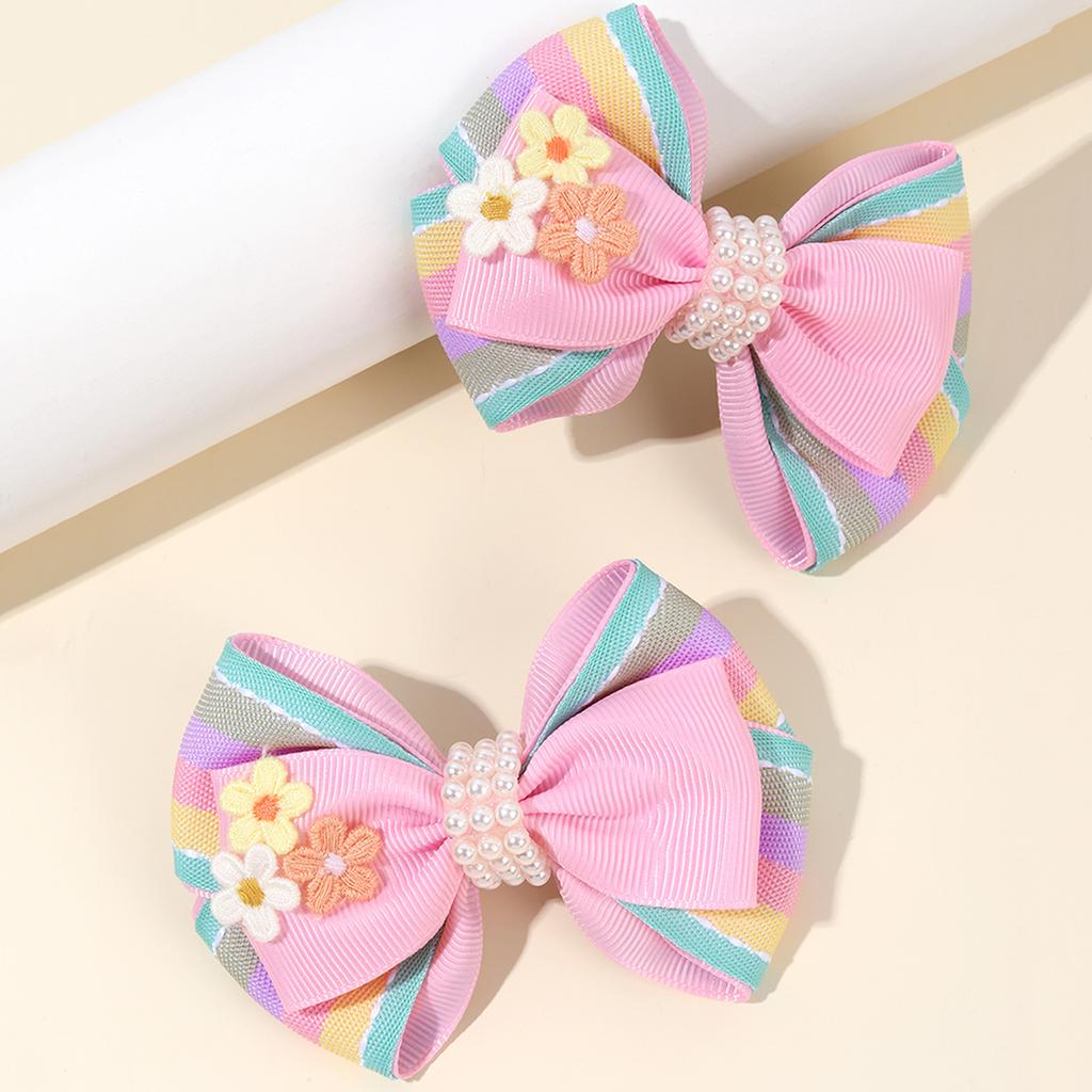 2pcs Cute Rainbow Pearl Little Flower Hair Clips for Girls , Alligator Clips with Thread Woven Ribbon Hair Accessories Headwear