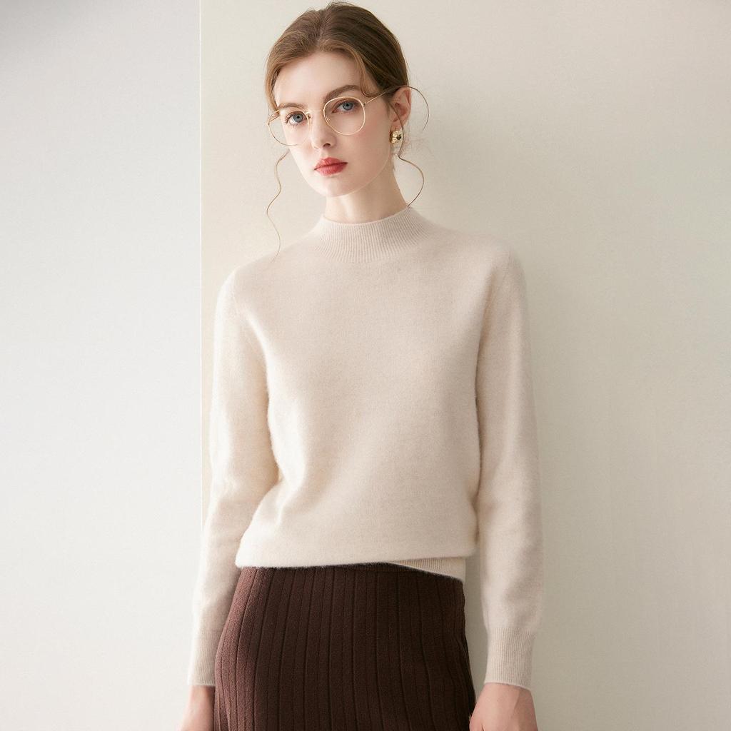 2026 Le Kasha Women's Pure Cashmere Sweater: 12 Gauge Flat Knit, Half-High Neck, Solid Color, Autumn/Winter Base Layer
