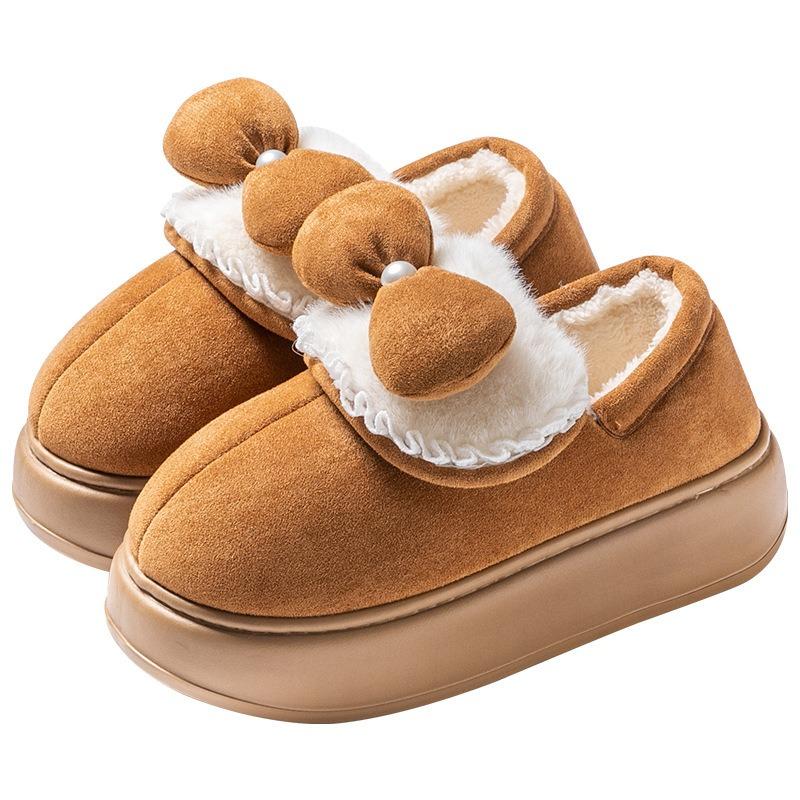 Bow Cotton Slippers Women's Autumn and Winter New Thick Bottom Outer Wear Velvet Warm Household Non-slip Cotton Drag Women
