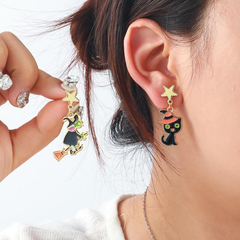 Halloween Cat Witch Star Earrings Women Zinc Alloy Dangle Studs Lightweight Fashion Jewelry