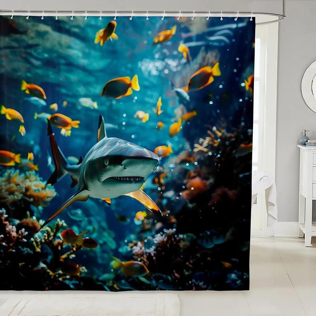 Cartoon Funny Animal Bath Curtain Brave Cat Riding Shark Shower Curtain Kids Boys Girls Ocean Wave Japanese Style Decor Whale