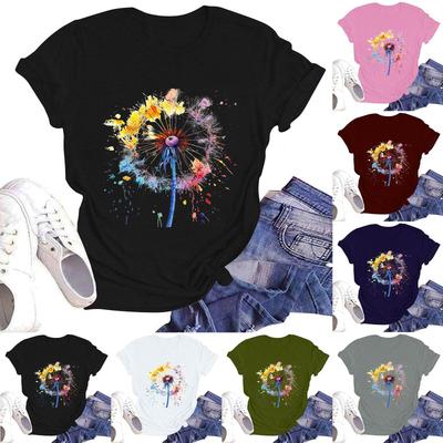 Damski casualowy top T-shirt z krótkim rękawem i okrągłym dekoltem z nadrukiem