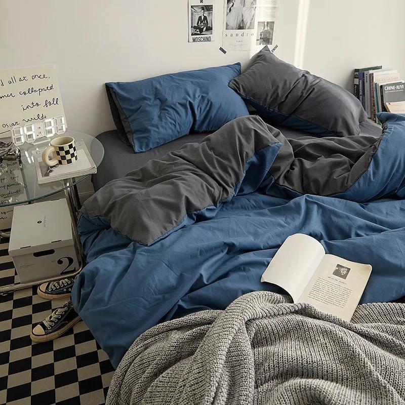 Fashion Solid Color Bed Sheet Style Duvet Cover Set Ab Double-Sided Color Matching Comfortable Sets Washed Cotton Bedding