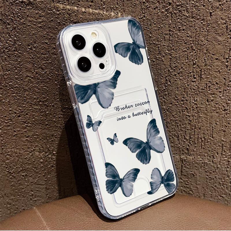 Butterflies Printed Soft TPU Clear Shockproof Casing Protective Cover Transparent Full Back Case with 1 Card Slot Holder