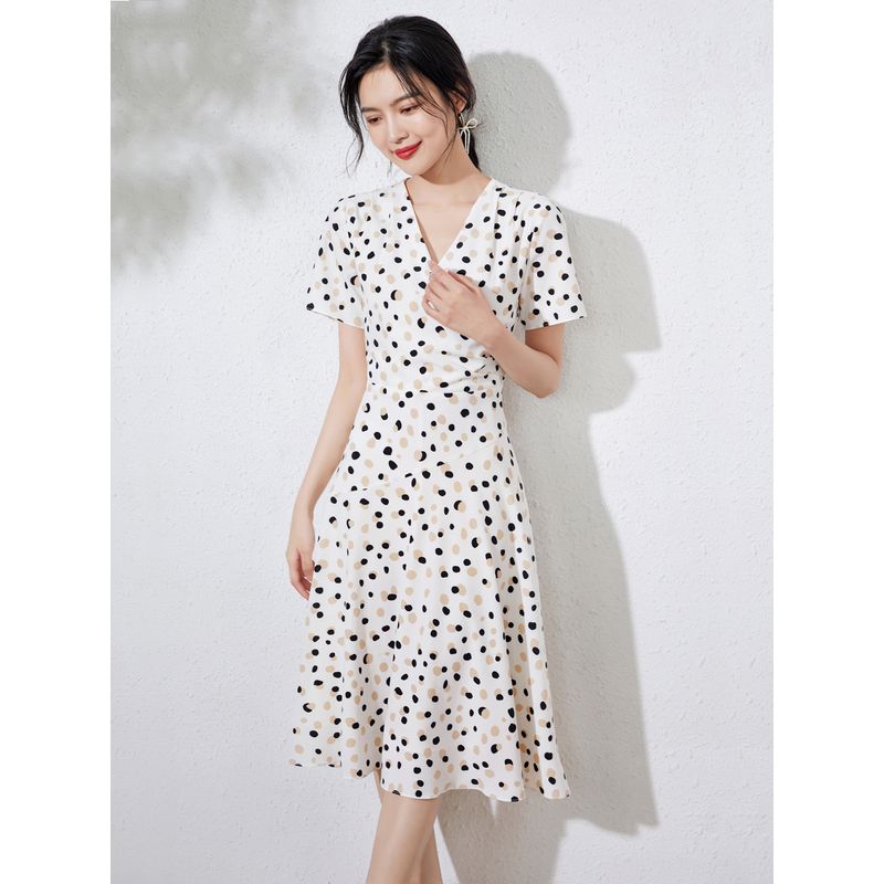 

Polka Dot Women s Summer Elegant Fancy Chiffon Dress Beige White S