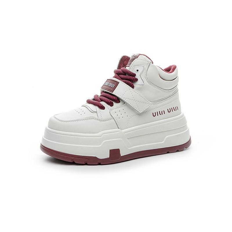 High-top casual shoes women's autumn and winter leather thick-soled heightening velvet warm board shoes non-slip and wear-resistant little white shoes