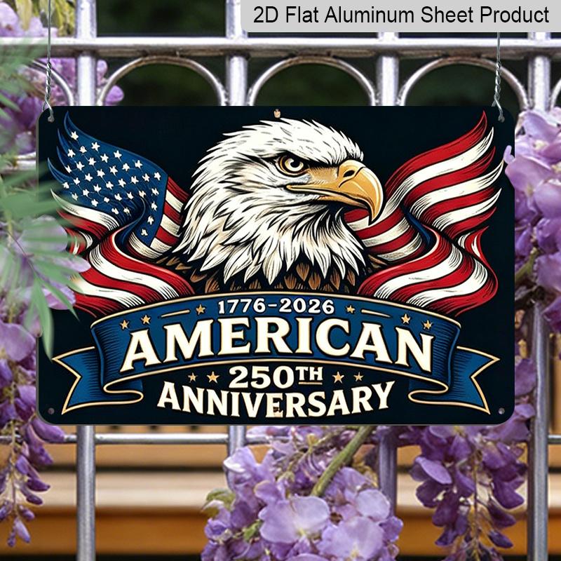 2D Flat, 1pc "250th Patriotic Celebration" Decor Plaque, 12"×8" - Eagle & Flag Design Wall Sign, Red White & Blue - Aluminium Wall Hanging Decoration