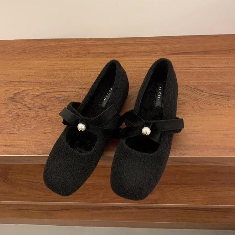 Xiaoxiangfeng Fleece Square Head Bow Thousand Gold Feeling Inner Height Increase Single Shoes French Evening Wind Mary Jane Shoes New