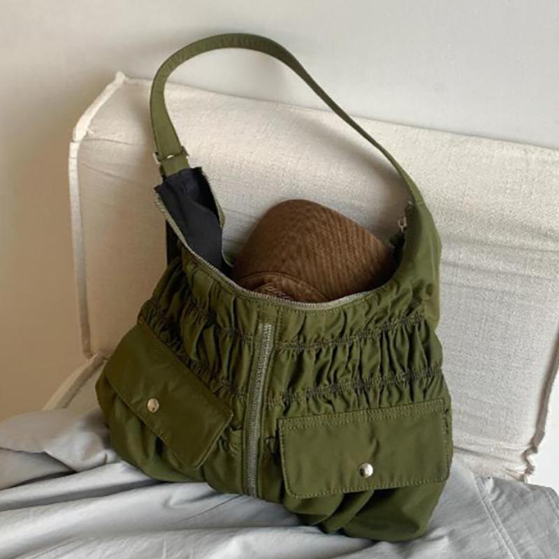 Nyl Pleated Women's Underarm Bag New Korean Large Capacity Waterproof Commuter Shoulder Bag Side Pockets Lightweight Tote Bag