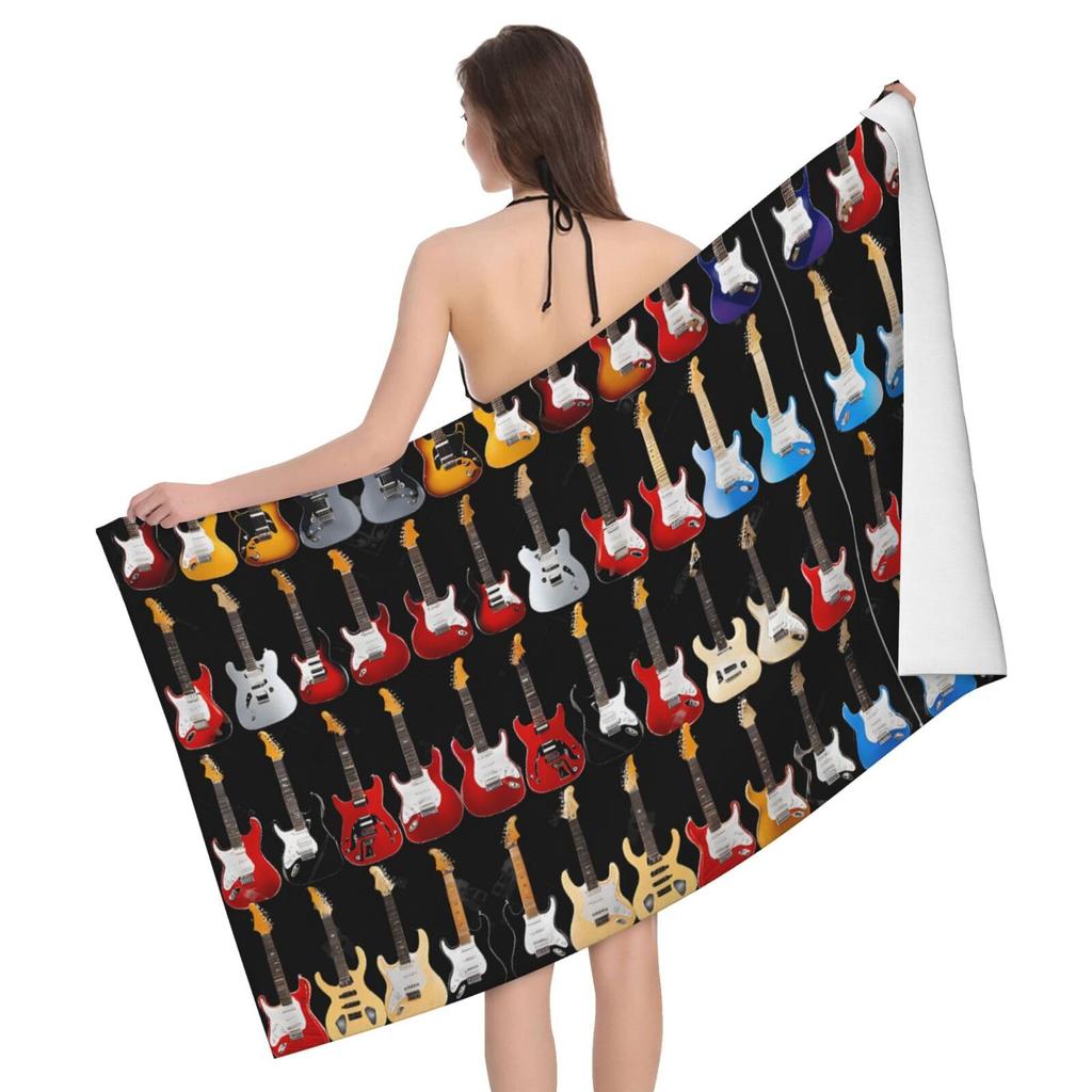 Vintage Guitar Pattern Print Sand Free Beach Towel Quick Dry Absorbent Music Theme Bath Towel for Pool Swimming Bathroom Beach