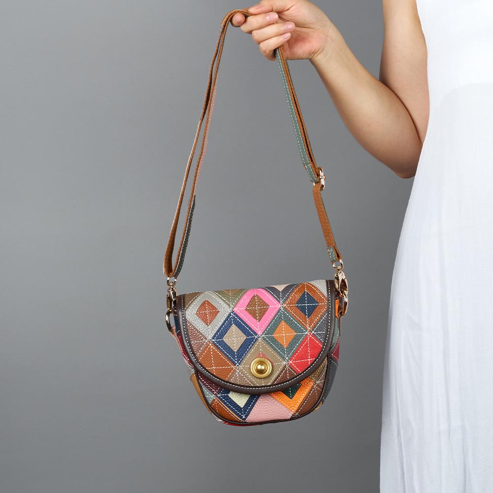 Retro Leather Women'S Bag Small Bag Contrasting Color Design Cowhide Ethnic Style Messenger Bag Saddle Bag