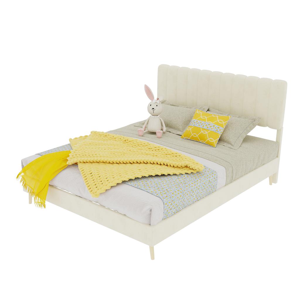 Modern Minimalist Upholstered Bed with Soft Headboard, beige, Low-Profile Base (Non-Storage Design), Included140*200cm mattress.
