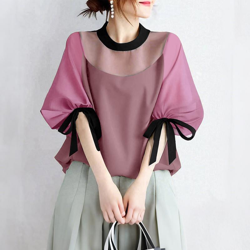 

ZANZEA Женская летняя блузка с сетчатыми вставками, повседневная, с коротким рукавом 5XL фиолетовый