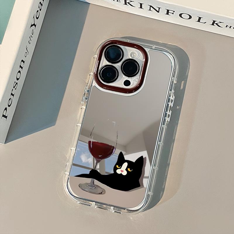 Fashionable Red Wine Cat Mirror Phone Case For iPhone 17 Pro Max Cases 7 8 15 14 16 Plus 13 12 11 Pro X XS XR 16E 17 Air Cover