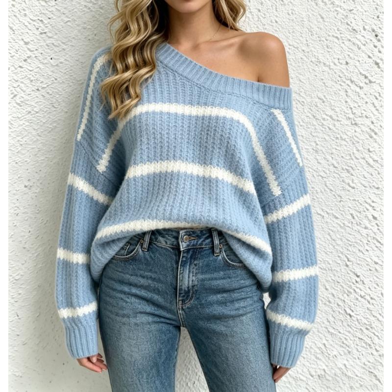 Women Casual Off Shoulder Knit Sweater Loose Fit Long Sleeve Pullover