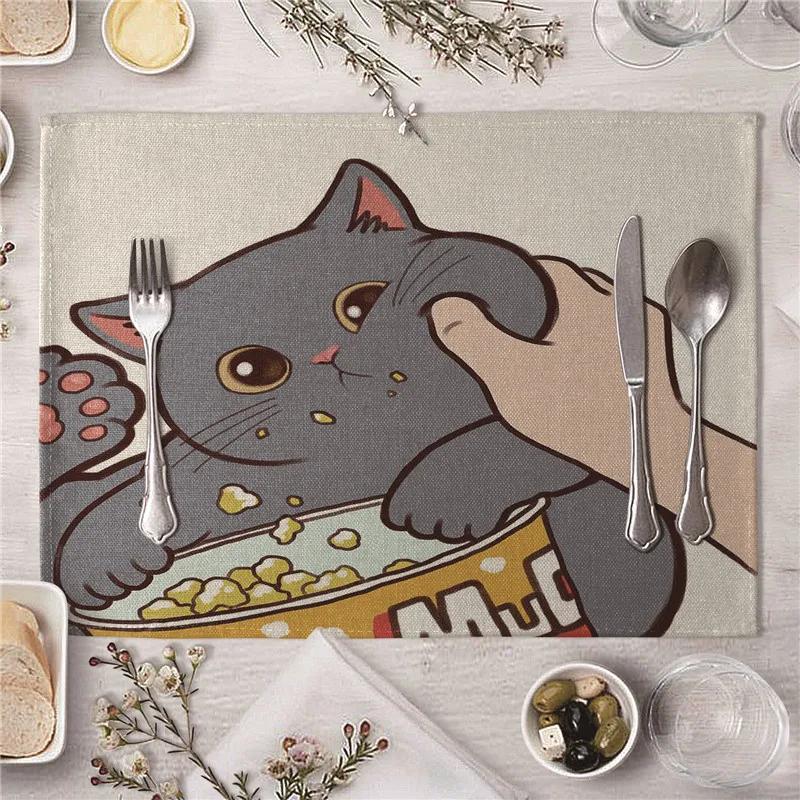 Cute Kiss Cat Pattern Kitchen Placemat Dining Table Mats Drink Coasters Western Pad Cotton Linen Cup Mat 45*32cm