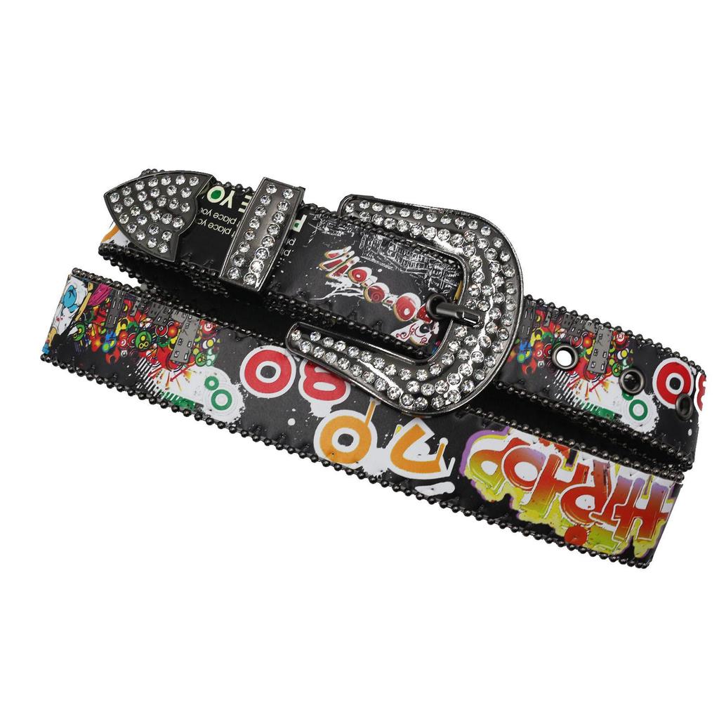 Bohemian Graffiti Rhinestone Leather Belt - Casual & Versatile European-American Style