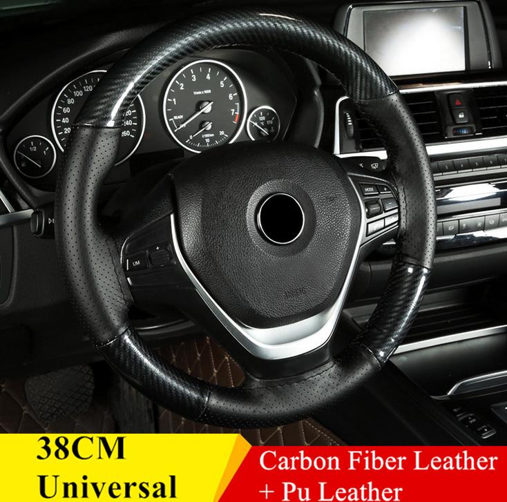 DIY Deluxe Glossy Black Carbon Fiber+Leather Car Steering Wheel Cover Trim 38cm