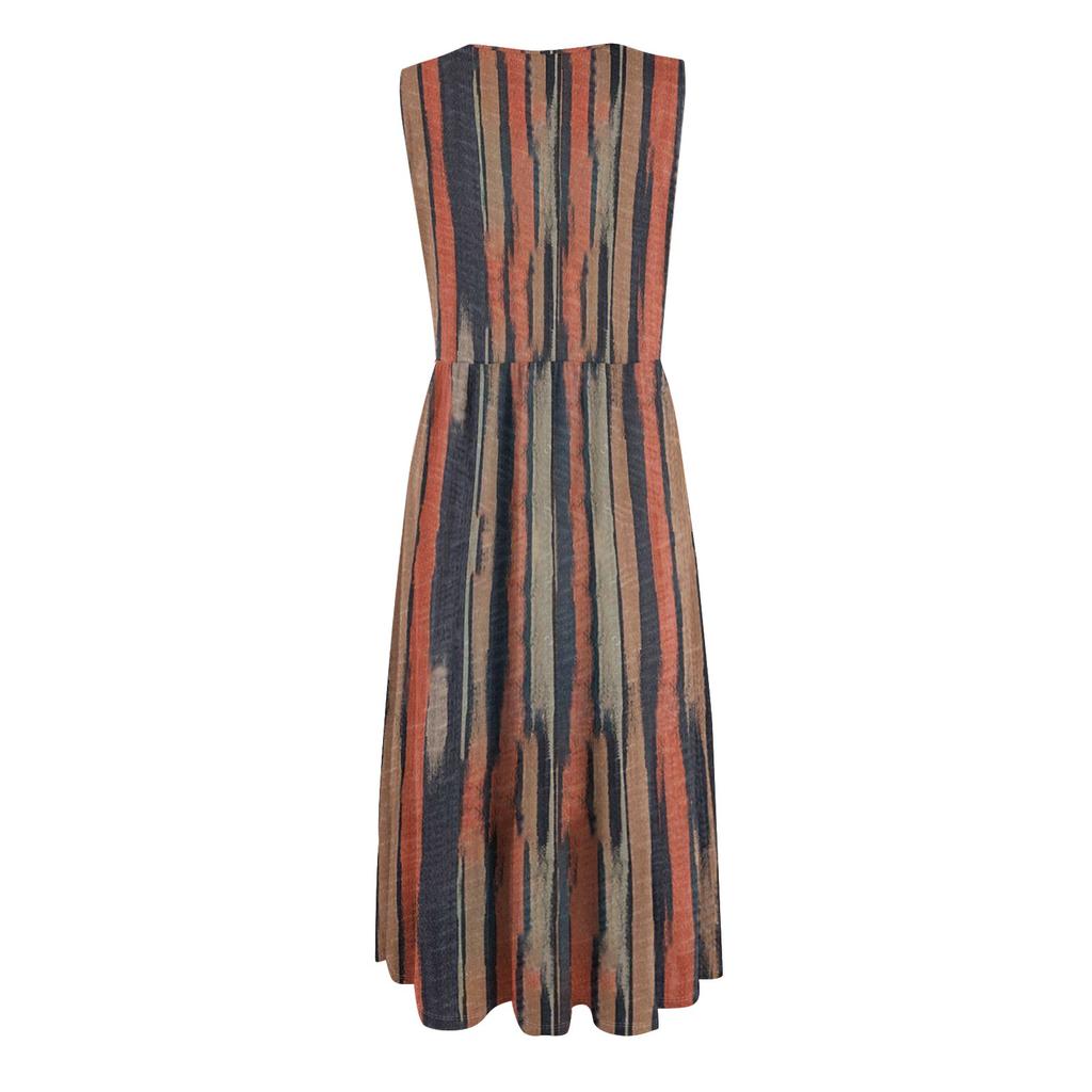 Women's Fashionable Printed Round Neck Sleeveless Casual Pullover Pocket Mid Length Dress