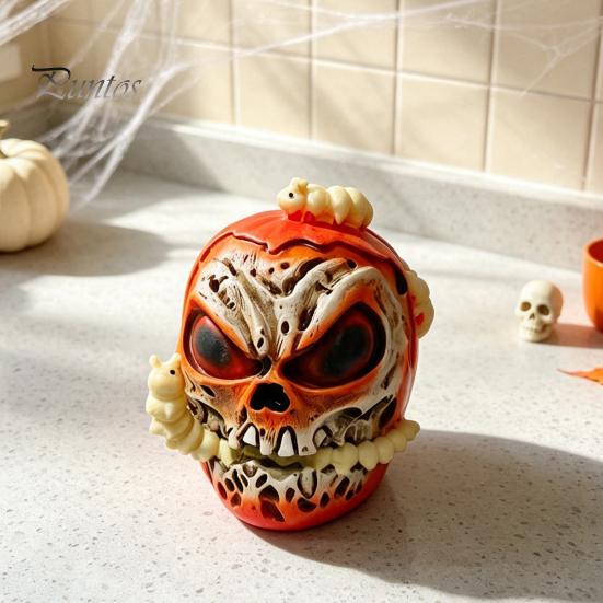 Niche Horror Collection Pieces Halloween Skull Apples Resin Statue, Gothic Spooky Decor with Tabletop Props Worm, Prop for Party Haunted House, Unique