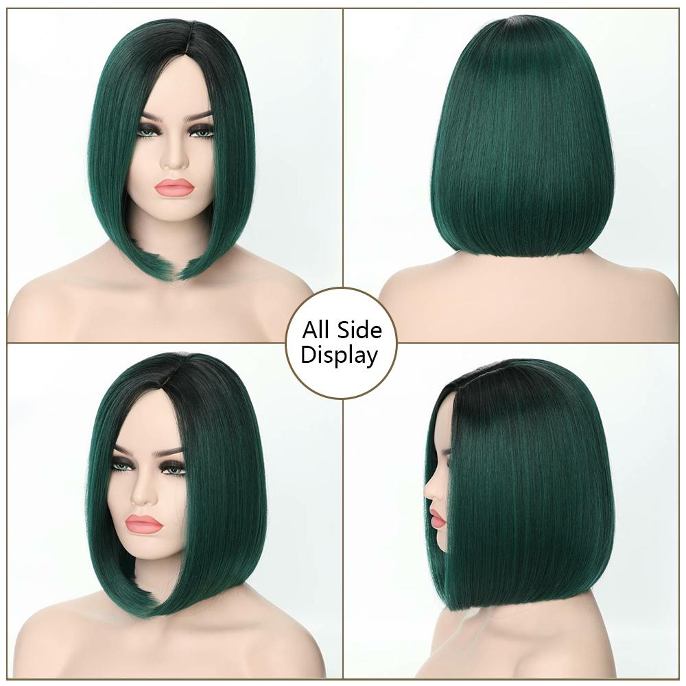 Synthetische kurze Ombre-Perücke von dunkler Wurzel bis Weinrot, gerade, 34 cm, Bob-Haarperücke für Frauen, natürlich aussehend, für den täglichen Gebrauch oder als Cosplay-Perücke