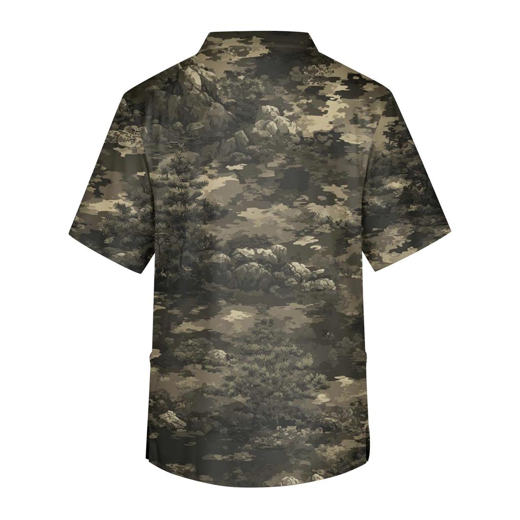 Men's Printing Short Sleeve V-neck Working Blouse Chest Pocket Carer Top