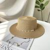 French Vintage Pearl Chain Straw Boater Hat Women Summer Wide Brim UV Protection Elegant Sun Visor Adjustable