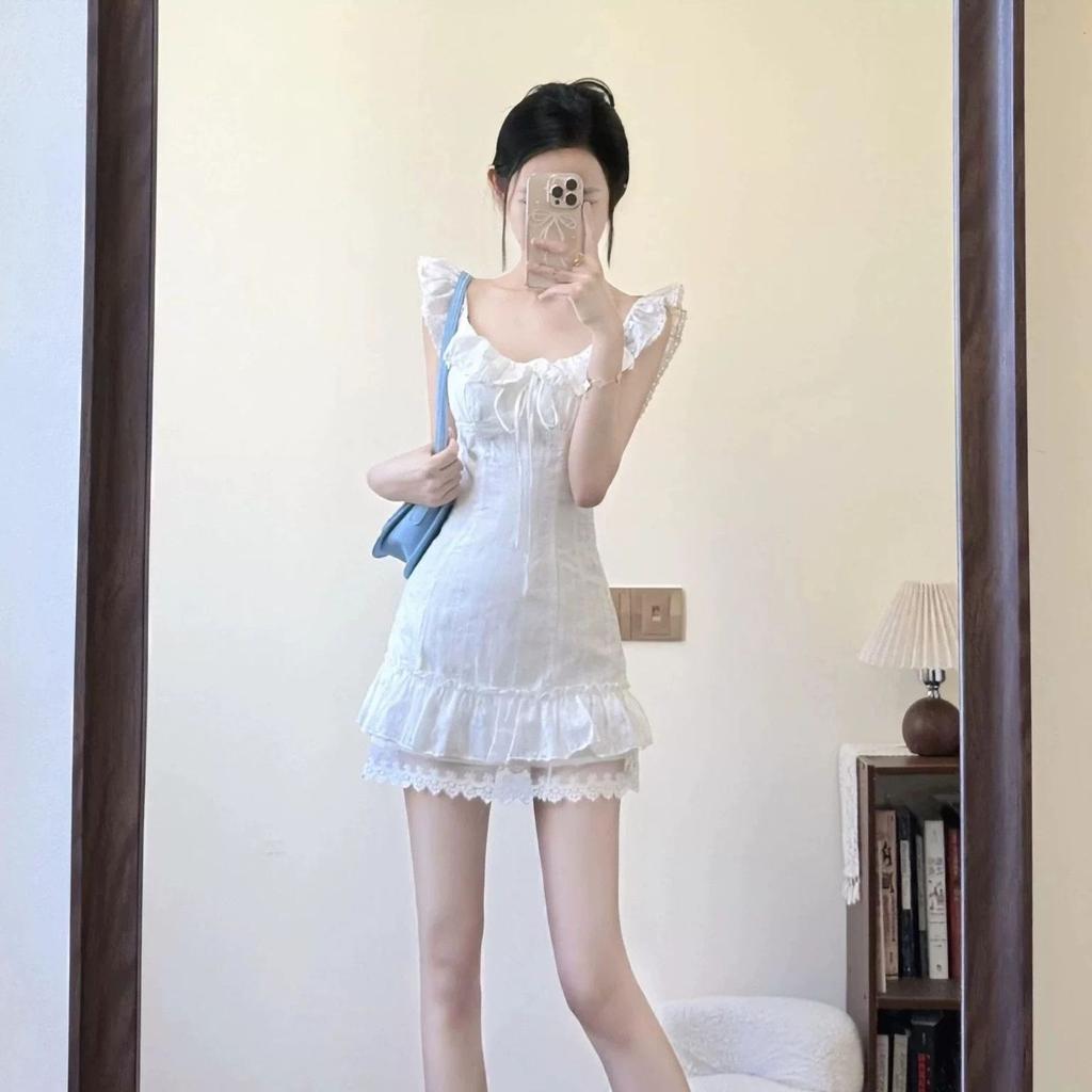 White Dress Women's Summer Beautiful First Love Small White Dress Summer Huge Beautiful Skirt Pure Waist Pinching a Word Short Skirt