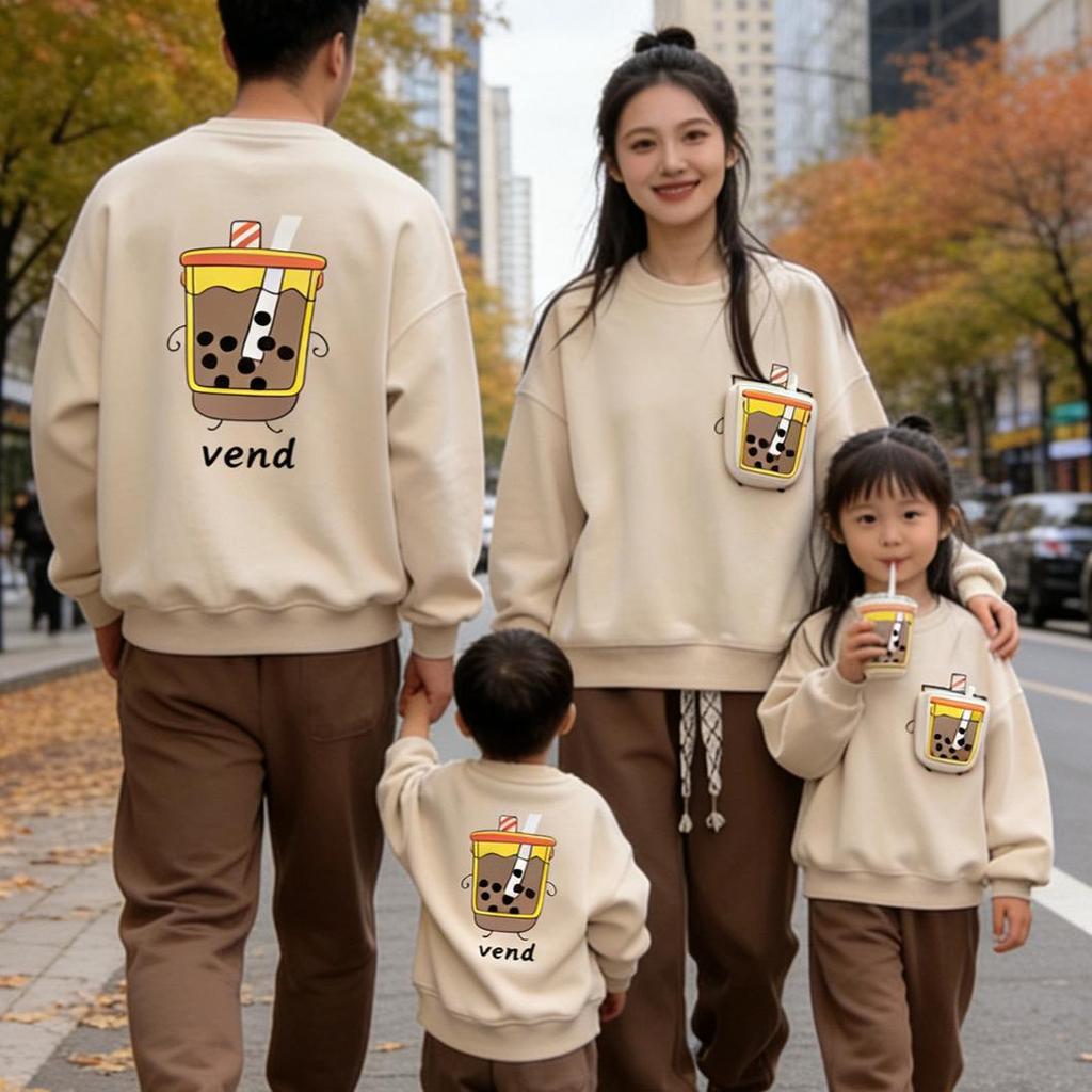3D Milk Tea Print Family Sweatshirt Set for Fall/Winter: Matching Parent-Child Outfits for Mom-Daughter and Mom-Son