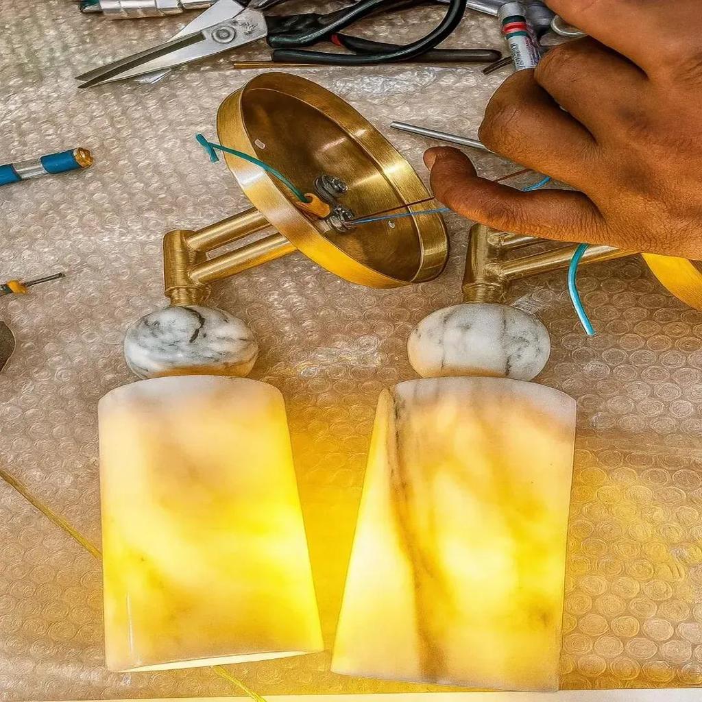 Modern Marble Wall Sconce Light – Brass Finish Luxury Wall Lamp for Bedroom Living Room