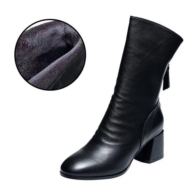 Women Versatile Leather Boots Fashion Antislip High Heels Female Casual Comfortable Boot External Wear Trendy Shoes