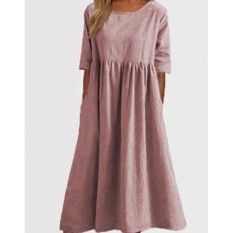 

Summer new cotton and linen casual short-sleeved pocket pleated loose round neck dress 5XL