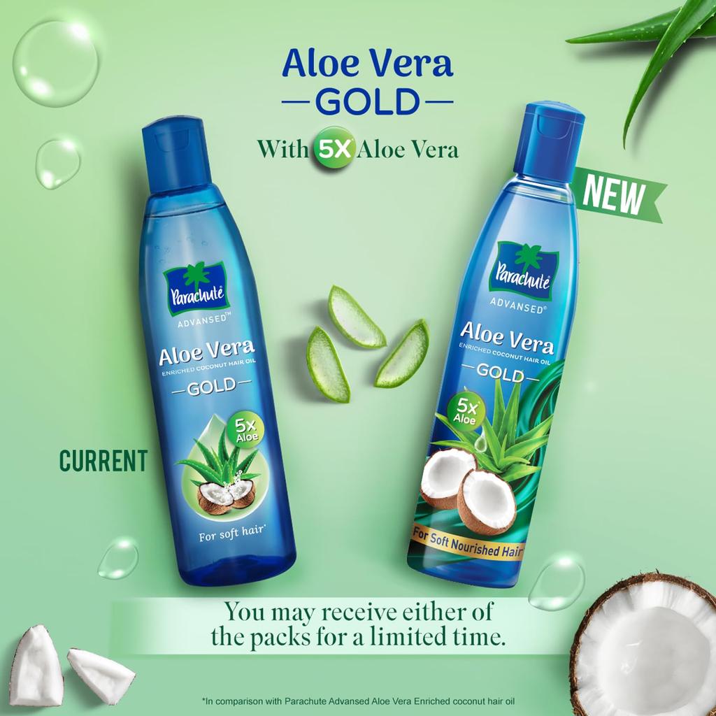 PARACHUTE Aloe Vera Coconut Hair Oil Gold 400ml For Soft Smooth Hair 5X Aloe Enriched Lightweight Frizz-Free Daily Use